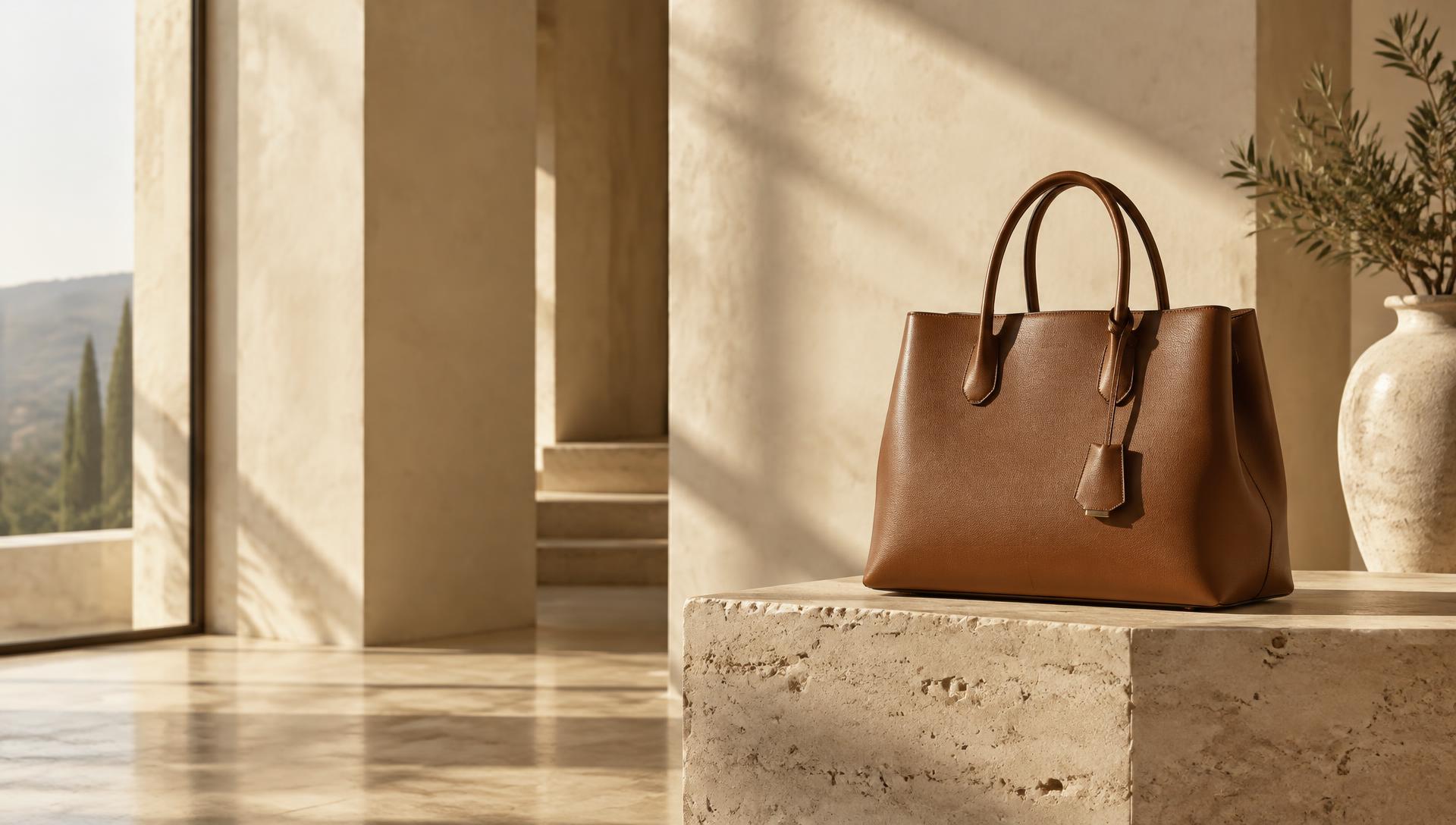 Cognac leather tote on a travertine plinth in warm light